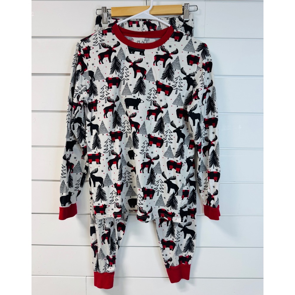 The Children's Place Womens XS Pajama Set Moose Bear Buffalo Plaid Cotton White